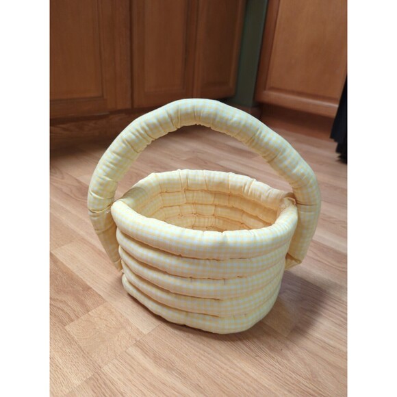 Easter Basket Hand Made Fabric Yellow White Gingham Vintage Soft Plush Handle - Picture 2 of 8